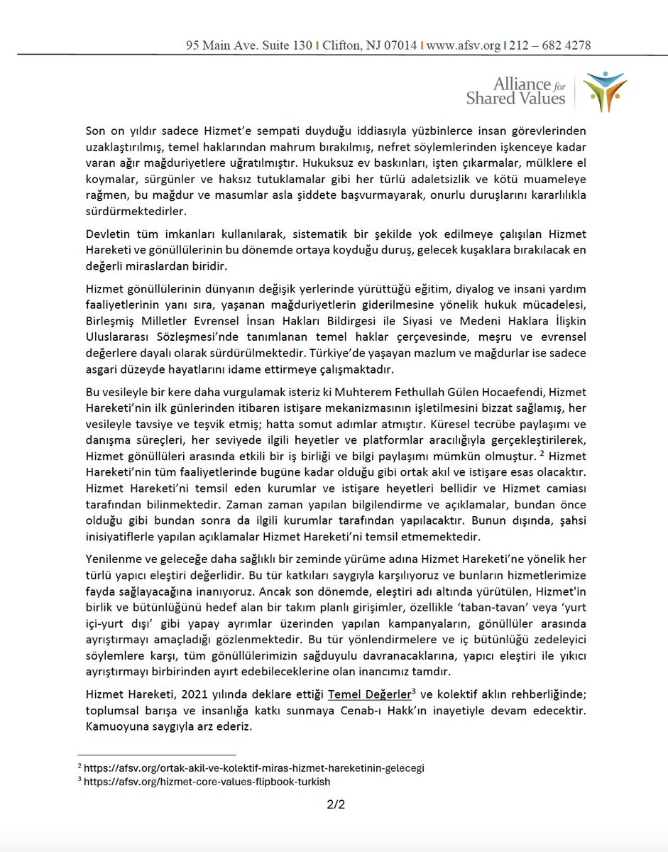 Hizmet Hareketi'nin Toplumsal Barış ve Adalet Deklarasyonu afsv.org/hizmet-hareket…