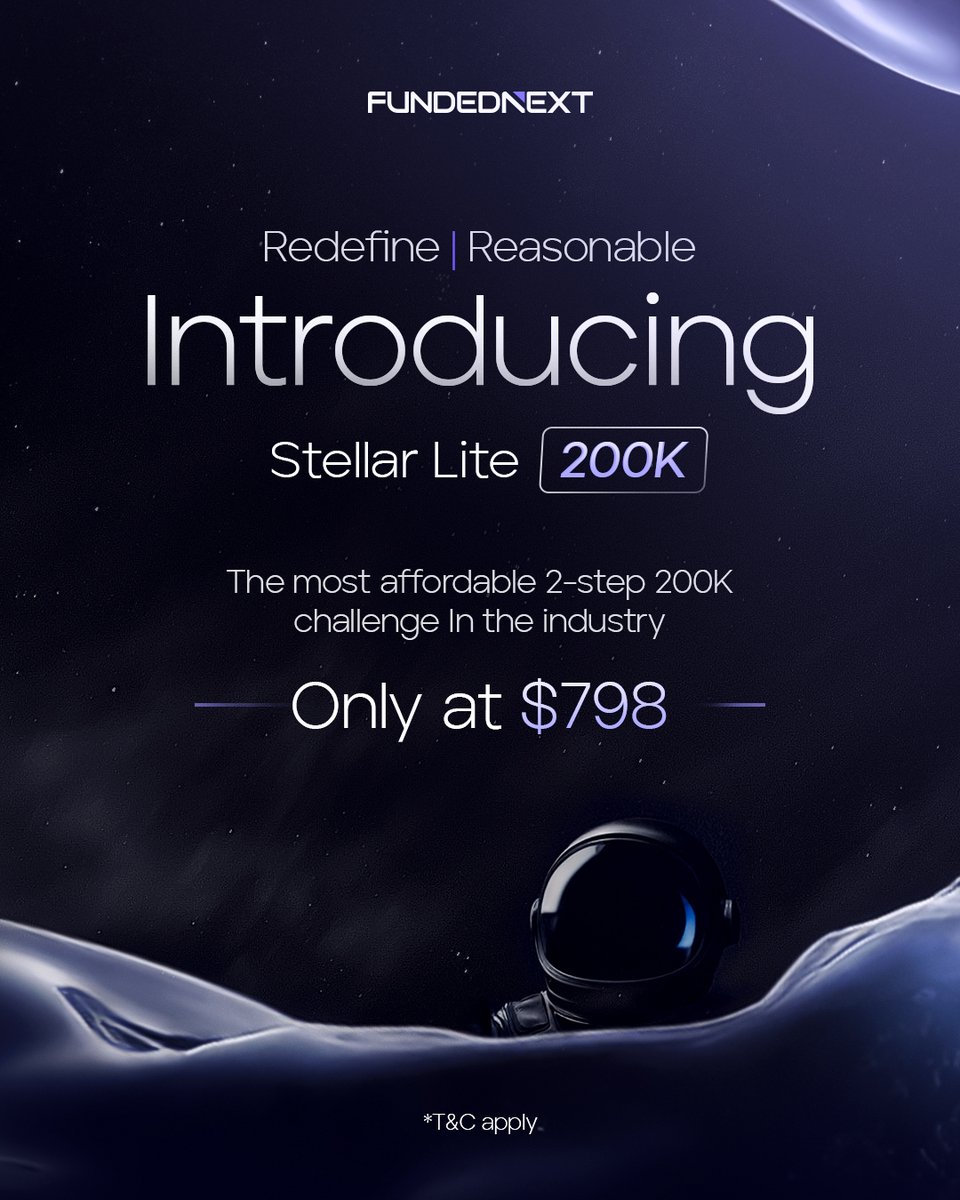 FundedNext's tweet photo. For the first time, Stellar Lite has come up with a 200K challenge.

With an unbeatable price of $798, it's the most affordable 2-step 200K challenge in the industry.

So grab the chance to go lite on cost but heavy on potential! https://t.co/XrxEwW9080