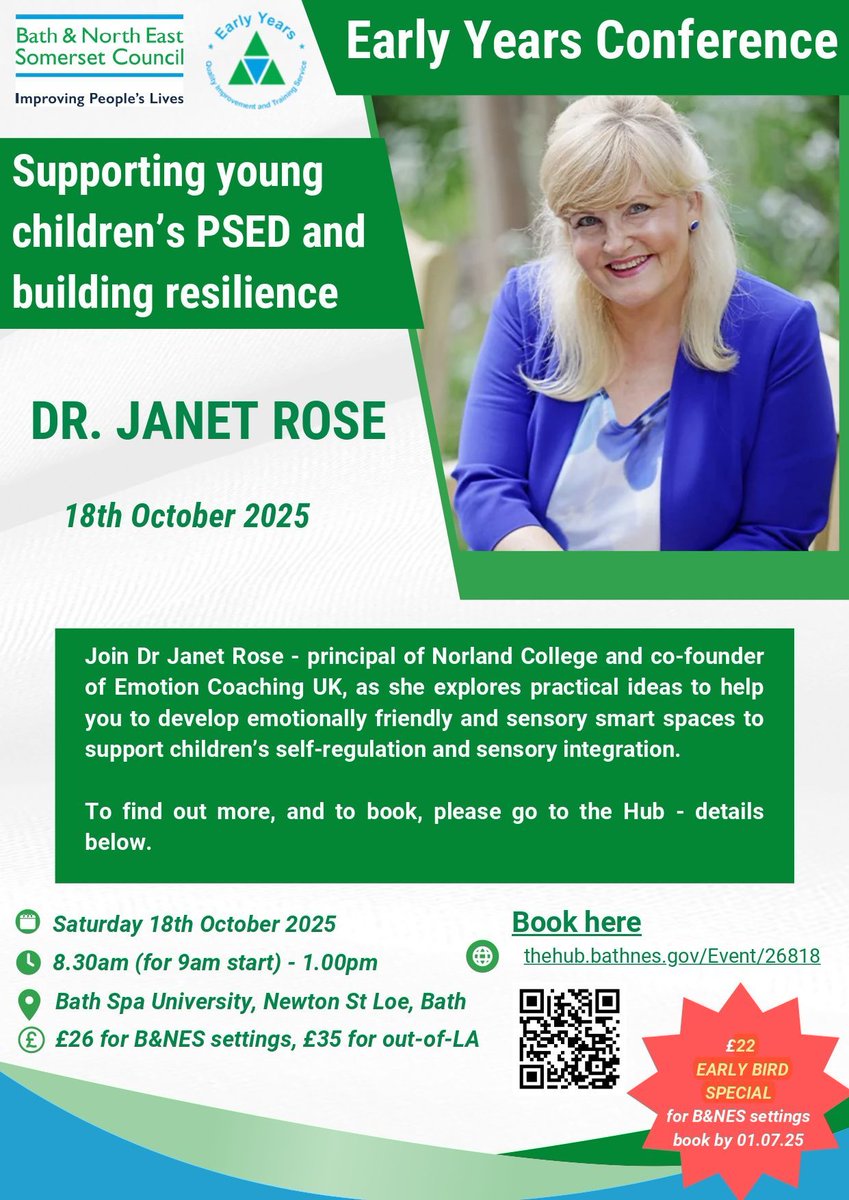 EYBATHNES's tweet photo. Early Years Conference - Supporting young children’s PSED and building resilience with Janet Rose: Saturday 18th October 2025 ,  ***£22 EARLY BIRD SPECIAL for B&amp;NES settings - book by 01.07.25 ***
https://t.co/QcMJEfgjqE https://t.co/cmovkPR8vX