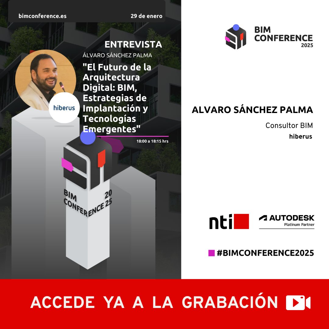 🎥 Grabación disponible: 

El Futuro de la Arquitectura Digital 
Álvaro Sánchez Palma (hiberus) comparte su visión sobre BIM y tecnologías emergentes. 
👉 f.mtr.cool/rkqjivmznt 
#BIMConference2025 #Autodesk #BIM #ArquitecturaDigital #NTISpain