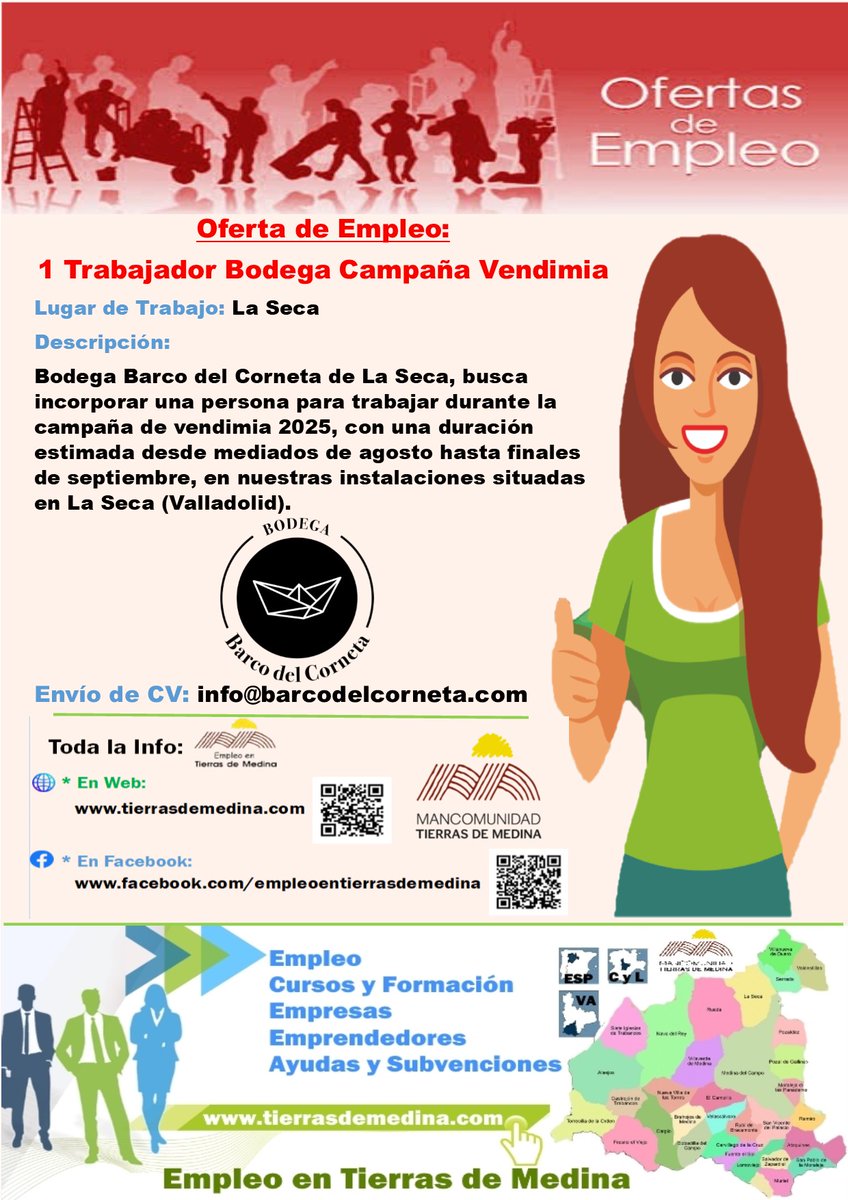 TierrasdeMedina's tweet image. Oferta de #Empleo: 1 Trabajador #Bodega Campaña #Vendimia en #LaSeca

Bodega #BarcodelCorneta de La Seca, busca incorporar una persona para trabajar durante la campaña de vendimia 2025, desde mediados de agosto hasta finales de septiembre

Envío de CV: info@barcodelcorneta.com