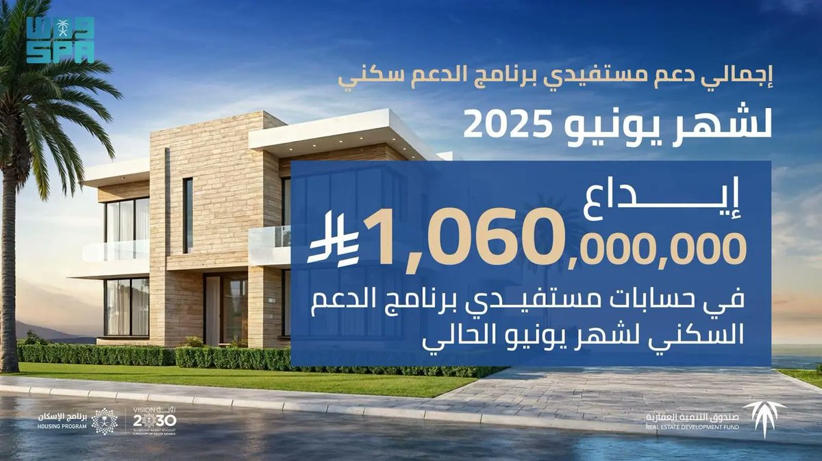 "الصندوق العقاري" يودع مليار و60 مليون ريالٍ في حسابات مستفيدي "برنامج الدعم السكني" لشهر يونيو.
spa.gov.sa/ar/w2345625
#واس_اقتصادي