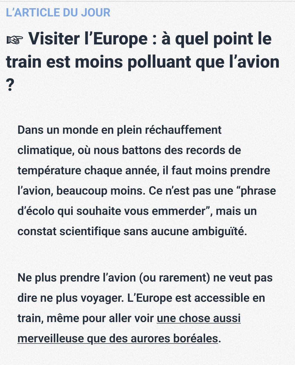 Dans un monde en plein réchauffement climatique, où nous battons des records de température chaque année, il faut moins prendre l’avion, beaucoup moins. Ce n’est pas une “phrase d’écolo qui souhaite vous emmerder”, mais un constat scientifique sans aucune ambiguïté.

🌱 ✈️↘️↘️↘️