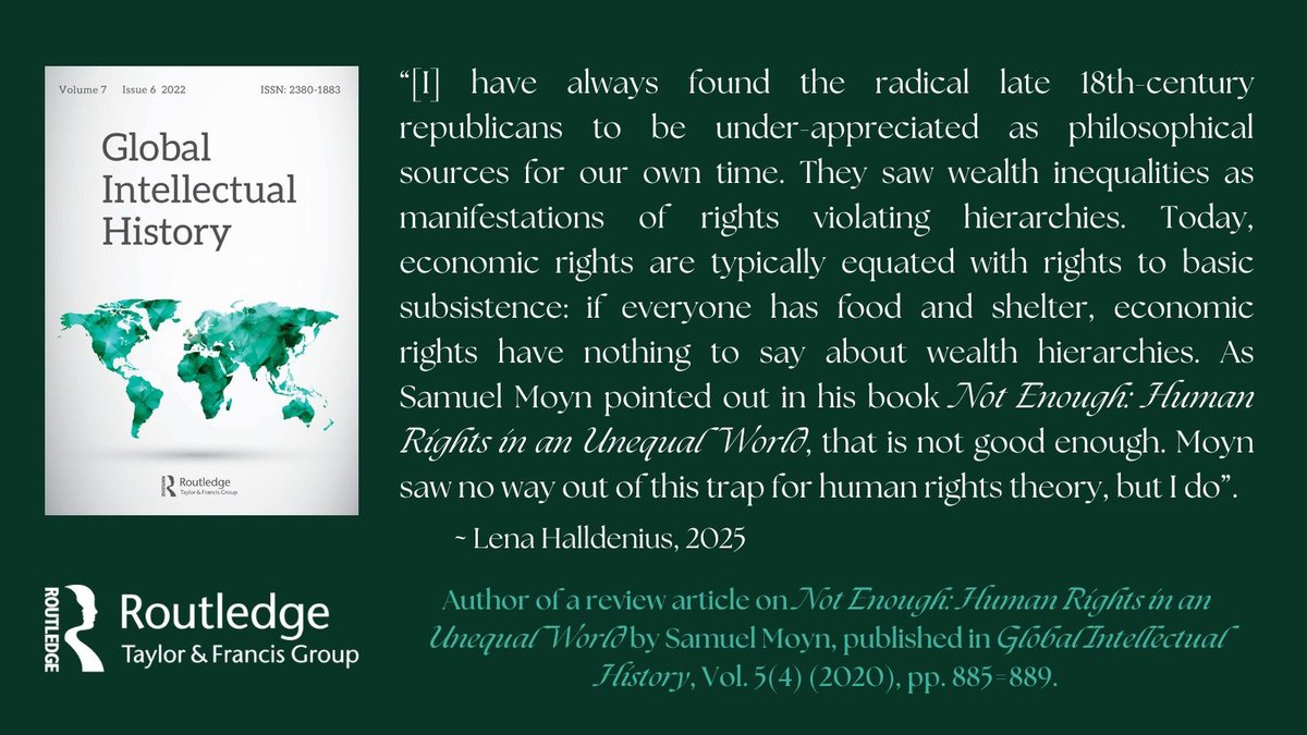 1/6 Another highlight for our anniversary! Lena Halldenius (<a href="/lunduniversity/">Lund University</a>) offers a reflection on her widely read review article examining "Not Enough: Human Rights in an Unequal World" by <a href="/samuelmoyn/">Samuel Moyn 🔭</a> tandfonline.com/doi/full/10.10…