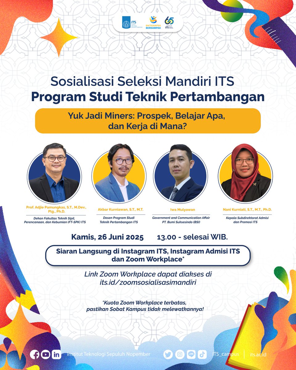 its_campus's tweet photo. #ITSSospro
Sobat Kampus, apakah kamu sedang mempersiapkan diri untuk masuk ITS melalui jalur Seleksi Mandiri ACE?
Yuk ikuti sosialisasi langsung yang akan membahas seluk-beluk jalur Mandiri ITS, khususnya bersama Departemen Teknik Pertambangan! https://t.co/PzF2dIhV1g