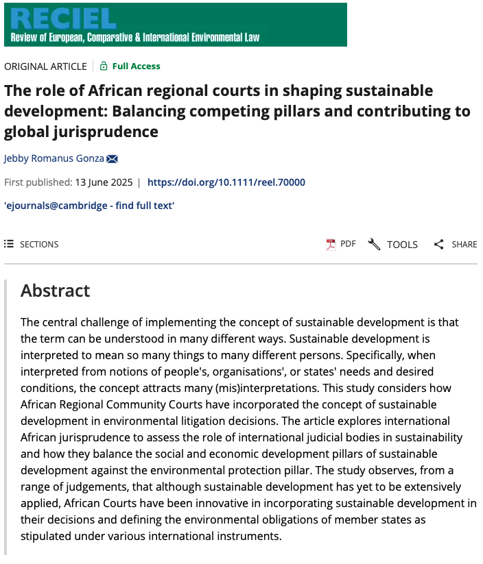 RECIELjournal's tweet image. How are African courts shaping sustainable development law?

Jebby Romanus Gonza analyses key rulings by African regional bodies, revealing how they balance economic rights, natural resources &amp;amp; social justice.

🧵Read now, #OpenAccess on @RECIELjournal: doi.org/10.1111/reel.7…