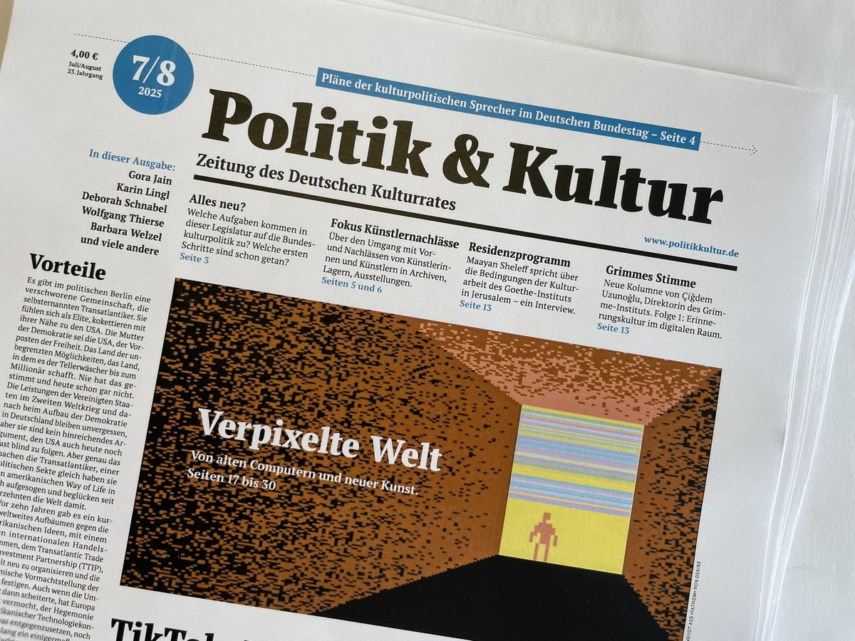 Olaf Zimmermann (@olaf_zimmermann) on Twitter photo Bitte etwas nervös: Gerade die neue Politik & Kultur <a href="/pukzeitung/">Politik & Kultur</a> freigegeben. Ist jetzt im Druck. Bin sehr gespannt, wie der ungewöhnliche Schwerpunkt „Verpixelte Welt - Von alten Computern + neuer Kunst“ aufgenommen wird. Ab Morgen Nachmittag hier: politikkultur.de Bitte etwas nervös: Gerade die neue Politik & Kultur <a href="/pukzeitung/">Politik & Kultur</a> freigegeben. Ist jetzt im Druck. Bin sehr gespannt, wie der ungewöhnliche Schwerpunkt „Verpixelte Welt - Von alten Computern + neuer Kunst“ aufgenommen wird. Ab Morgen Nachmittag hier: politikkultur.de
