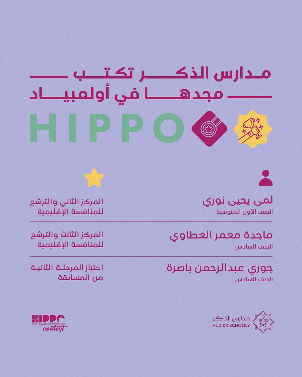 ختامٌ رائع لعام دراسي مُثمر، توِّج بإنجاز متميز لطالباتنا الرائعات؛ إذ اجتازت ثلاث طالبات المرحلة الثانية من أولمبياد HIPPO الدولي للغة الإنجليزية، وتأهلت طالبتان للمرحلة الإقليمية.
نُبارك لطالباتنا المتألّقات هذا المنجز النوعي، ونوجّه الشكر لكل من أسهم في تحقيقه من أسرٍ داعمة،