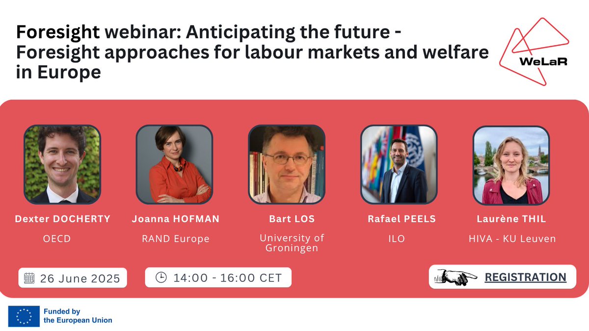 ProjectWeLaR's tweet image. ⏰2 days to go! Join the WeLaR webinar to explore the role of foresight in preparing labour markets and welfare systems in the EU for long-term transitions.
🗓️26 June, 14:00 - 16:00 CET
📎Register: bit.ly/40kRalp