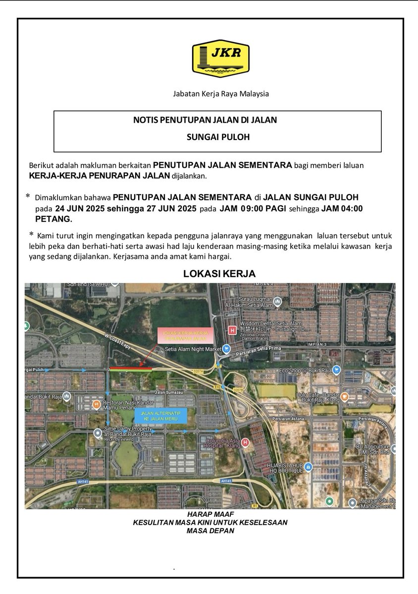 Notis Penutupan Jalan di Jalan Sungai Puloh.

Penutupan Jalan Sementara Bagi Kerja-Kerja Penurapan Jalan Dijalankan.

Tarikh : 24.6.2025 (Selasa) sehingga 27.6.2025 (Jumaat)
Waktu : 9.00 Pagi sehingga 4.00 Petang.

#IAMJKR #KITAJKRSELANGOR #KITACEKAP