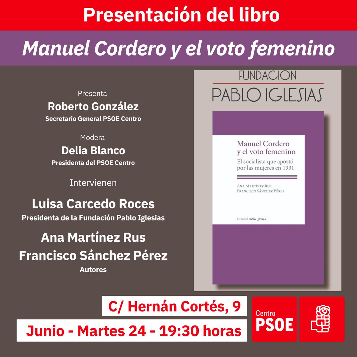 PSOE Madrid Centro (@psoemcentro) on Twitter photo Esta tarde se presenta en nuestra agrupación un libro para conocer mejor nuestra historia: "Manuel Cordero y el voto femenino. El socialista que apostó por las mujeres en 1931", editado por nuestros amigos de la <a href="/fpabloiglesias/">Fundación Pablo Iglesias</a>. Estarán su presidenta <a href="/luisacarcedo/">Luisa Carcedo</a> y los autores. Esta tarde se presenta en nuestra agrupación un libro para conocer mejor nuestra historia: "Manuel Cordero y el voto femenino. El socialista que apostó por las mujeres en 1931", editado por nuestros amigos de la <a href="/fpabloiglesias/">Fundación Pablo Iglesias</a>. Estarán su presidenta <a href="/luisacarcedo/">Luisa Carcedo</a> y los autores.