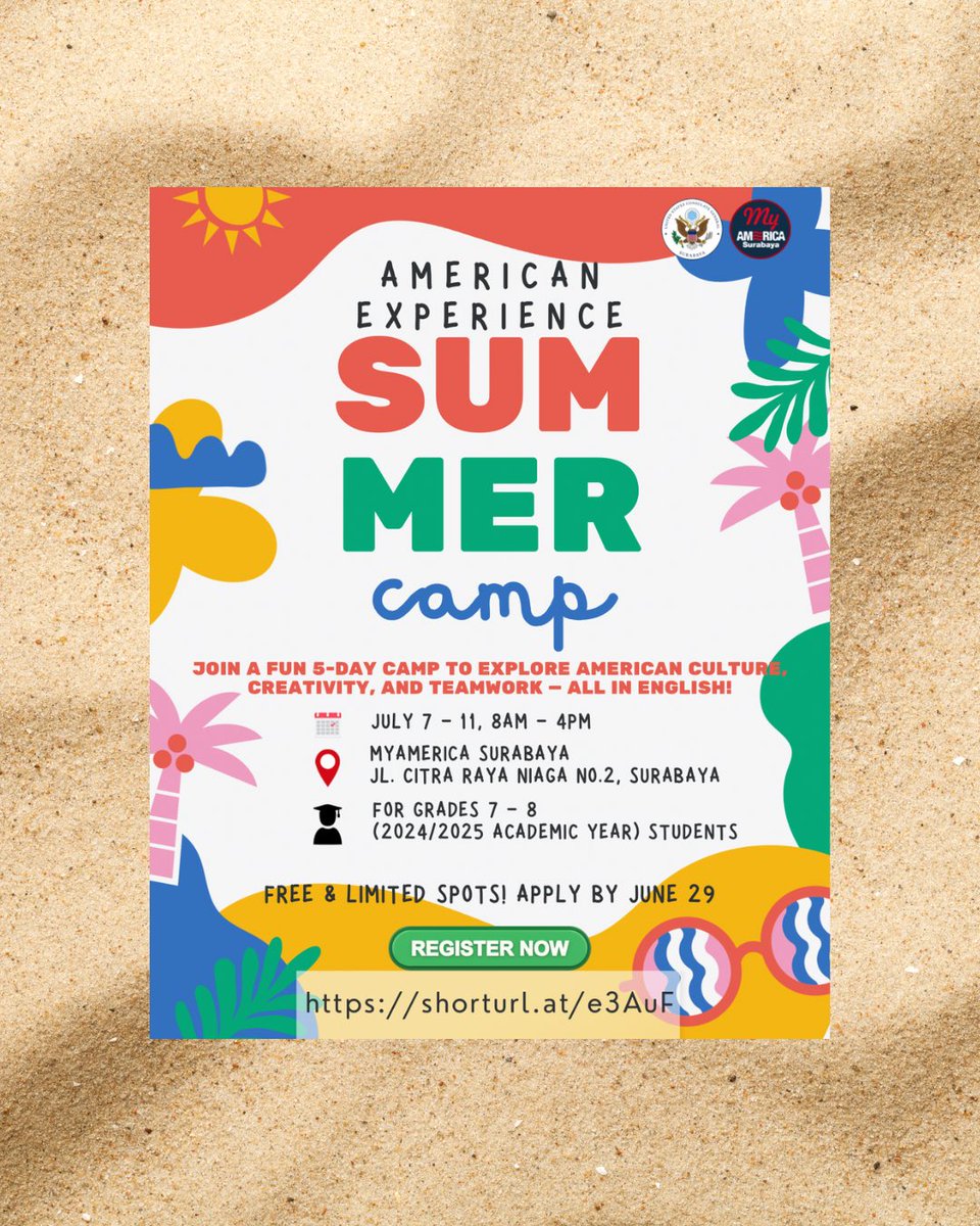 Your American experience starts now! 🇺🇸✨🎉

Join us for an unforgettable summer filled with fun, friendship, and a once in lifetime American summer experience!

📅 July 7–11
🕗 8 AM–4 PM daily
📍 MyAmerica Surabaya – Jl. Citra Raya Niaga No.2, Surabaya
👩‍🎓 For students in Grades