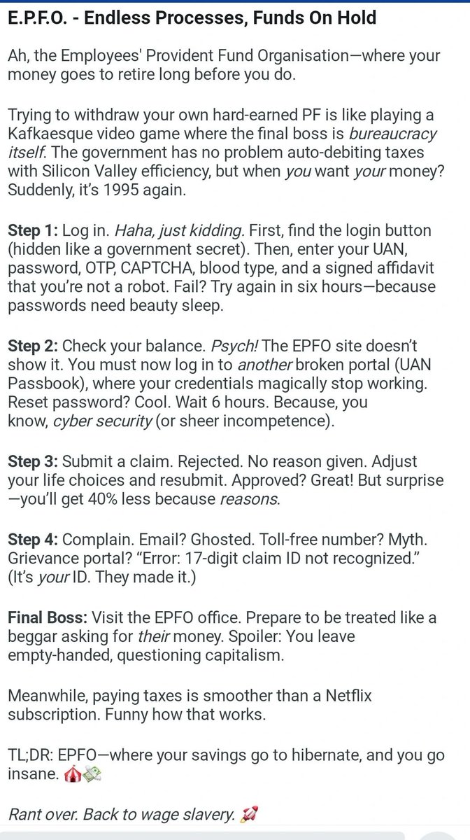 PerarRavindra's tweet photo. Came across this on @ActusDei post absolute gold from Reddit. 💥
EPFO: Where your savings go to hibernate, and you go insane! 🧠💸
Every salaried Indian will feel this in their bones.
Complex and Painful!
#EPFO #PF #TaxHumor #WageSlavery #RedditIndia
(See image 👇) https://t.co/OTcLTOsY4K