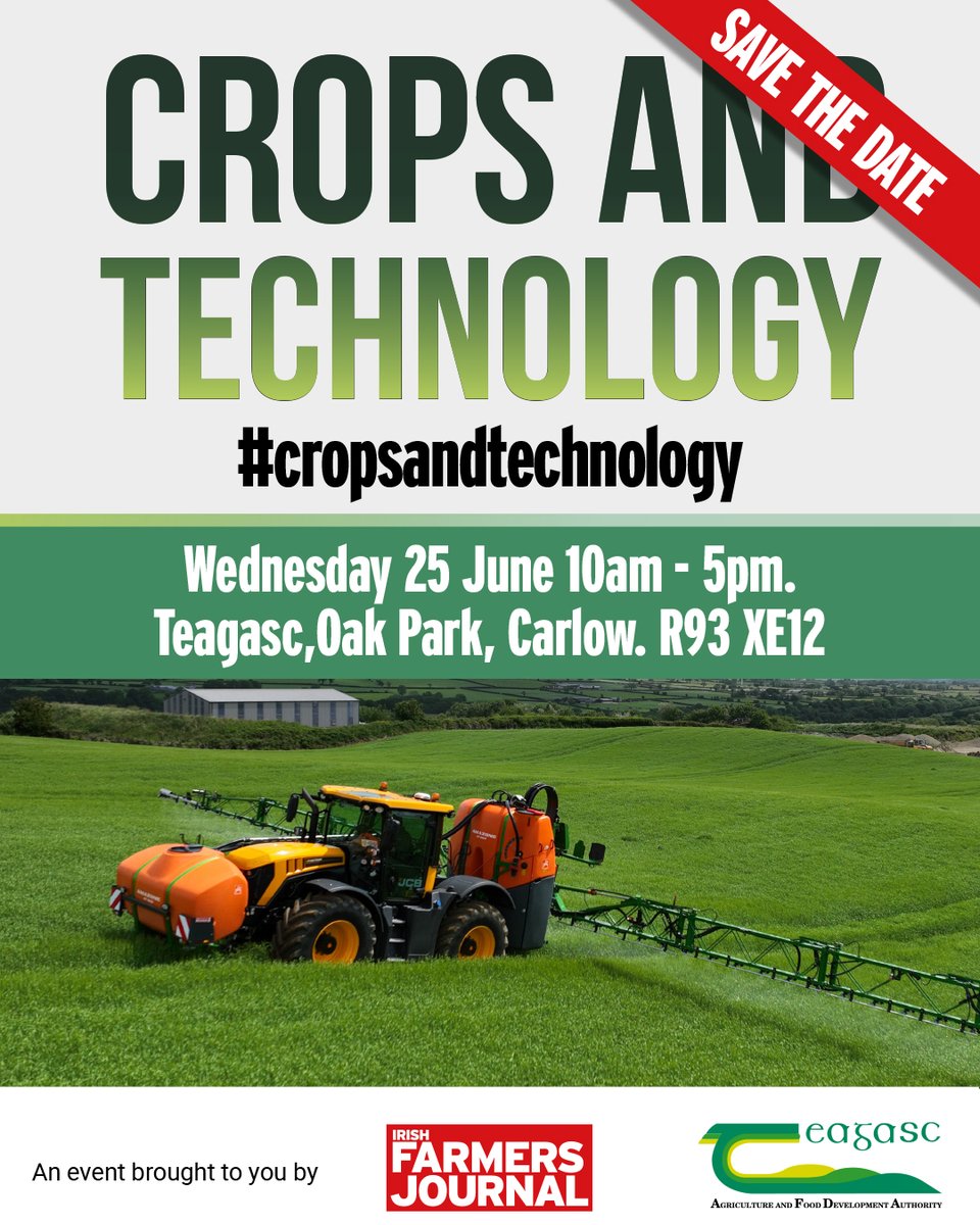 Teagasc (@teagasc) on Twitter photo Join us tomorrow from 10am - 5pm for the Crops and Technology Open Day in Teagasc Oak Park, Carlow. It will cover the latest research on all the main tillage crops & horticultural field crops, as well as a machinery demo.
bit.ly/4lesMtK
#cropsandtechnology <a href="/FJTillage/">FJ Tillage</a> Join us tomorrow from 10am - 5pm for the Crops and Technology Open Day in Teagasc Oak Park, Carlow. It will cover the latest research on all the main tillage crops & horticultural field crops, as well as a machinery demo.
bit.ly/4lesMtK
#cropsandtechnology <a href="/FJTillage/">FJ Tillage</a>