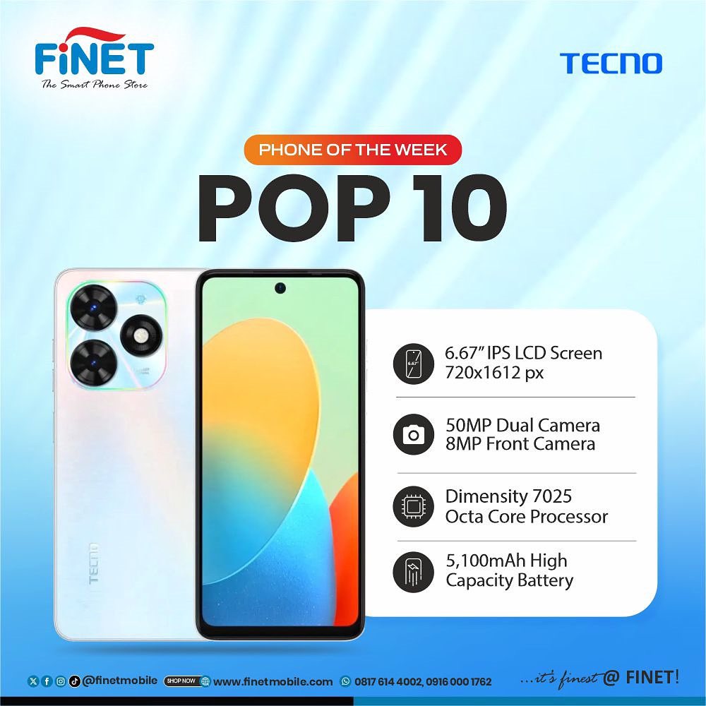 FinetMobile's tweet photo. PHONE OF THE WEEK!

TECNO POP 10 🔥
📱 6.67" Display | 📸 50MP Dual Cam
⚙️ Dimensity 7025 | 🔋 5,100mAh

Smart choice. Smooth performance.

🛒 Shop now while stock lasts:
🌐 https://t.co/f3QFFLcajt
📞 09160001762 | 08176144002

#FinetMobile #NaFinetSurePass #Pop10 #ShopNow https://t.co/Mijb7T8HSU