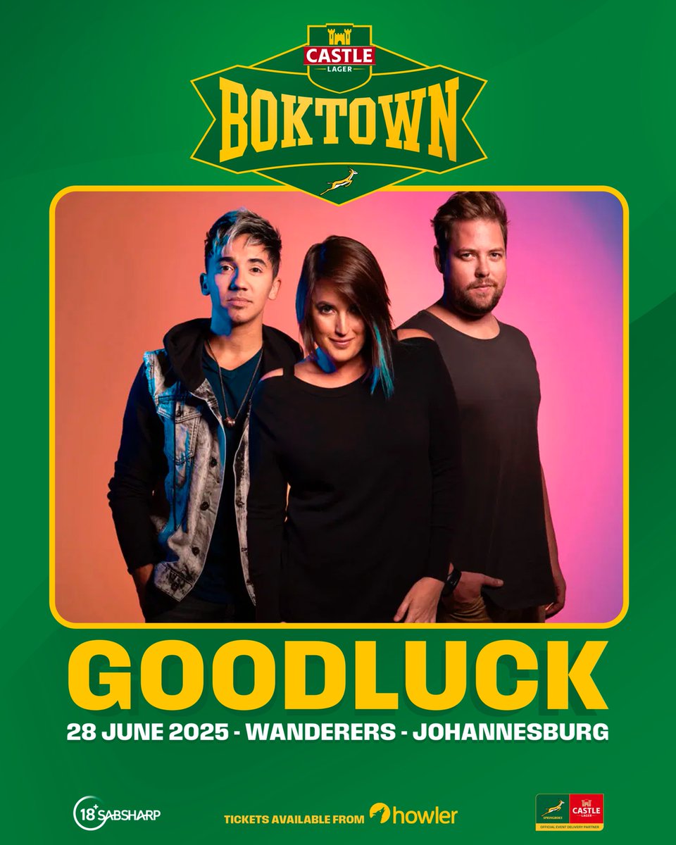 CastleBoktown's tweet image. Rugby, rhythm, and pure energy.โ
GoodLuck will be on stage at Castle Lager Boktown to get the crowd moving before kick-off ๐ฅ
โ
Donโt miss it.โ
๐howler.co.za/boktownjhb
#CastleLager #CastleLagerBoktown #BestSeatOutsideTheStadium #Springboks #ForeverGreenForeverGold