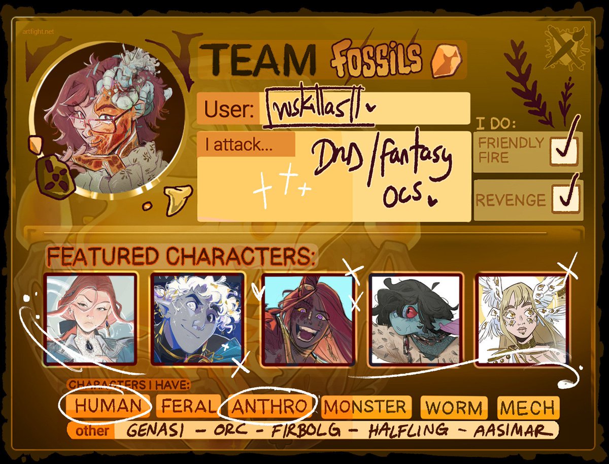ruskillaS's tweet image. Joining #artfight one more year! 🤎
I'm very busy but I'm gonna try to make one or two sketches if I can!! 🥹 🥹 Ben joins this year! I still need to make a page for him aaah!!
#teamfossils #artfight2025
