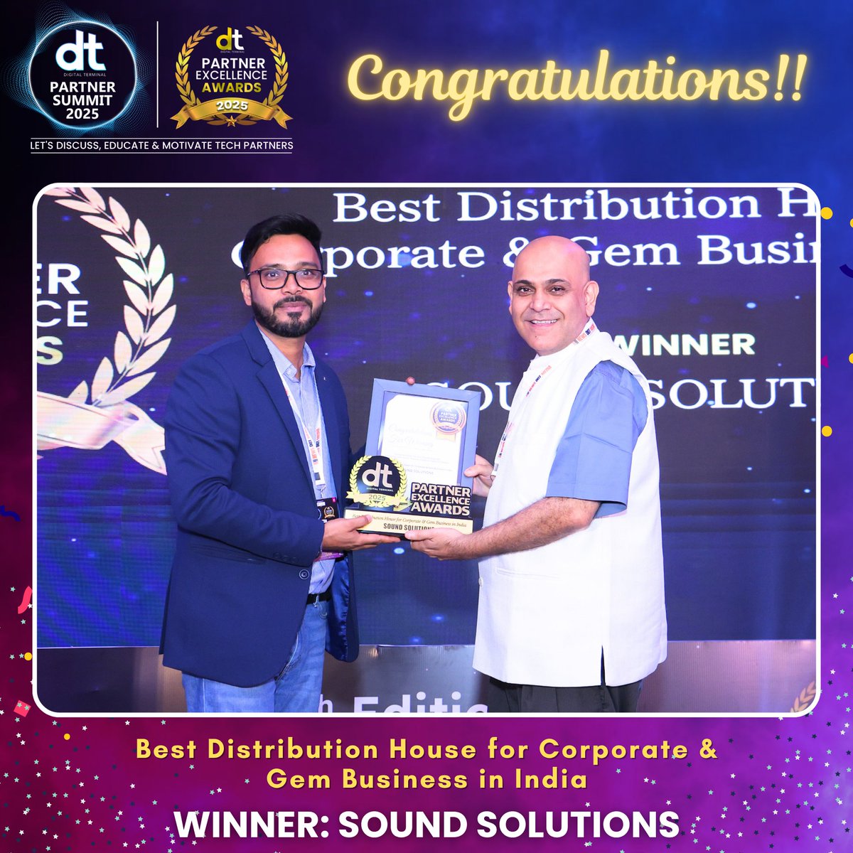 dterminalIN's tweet image. 🎉 Many Congratulations to SOUND SOLUTIONS on winning Best Distribution House for Corporate &amp;amp; Gem Business in India Award at the prestigious DT Partner Excellence Awards 2025! 🏆

👉 Watch Complete DT Partner Summit 2025:
 youtube.com/live/PdLQm8qok…

#DTPS #DTPS2025