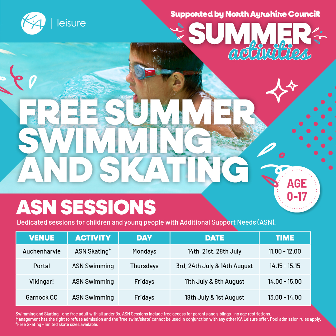 K:A Leisure (@kaleisure) on Twitter photo ๐ข We are thrilled to share the dates and times of our Free #Swimmingย ย ๐โโ๏ธย ย and #IceSkating โธ๏ธ sessions over the #SummerHolidays โ including dedicated ASN sessions!
๐ These sessions are supported byย <a href="/North_Ayrshire/">North Ayrshire Council</a>.
๐ ๐ข We are thrilled to share the dates and times of our Free #Swimmingย ย ๐โโ๏ธย ย and #IceSkating โธ๏ธ sessions over the #SummerHolidays โ including dedicated ASN sessions!
๐ These sessions are supported byย <a href="/North_Ayrshire/">North Ayrshire Council</a>.
๐