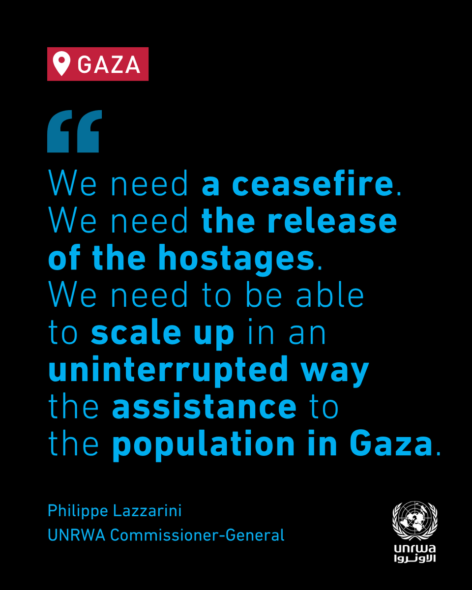 UNRWA's tweet photo. In #Gaza, “when it comes to aid delivery at scale […] we are still prevented” says @UNLazzarini at a press conference.

Atrocities continue in Gaza while global attention shifts elsewhere. 
The population is bombarded, besieged and constantly displaced.

Lift the siege.
#CeasefireNow