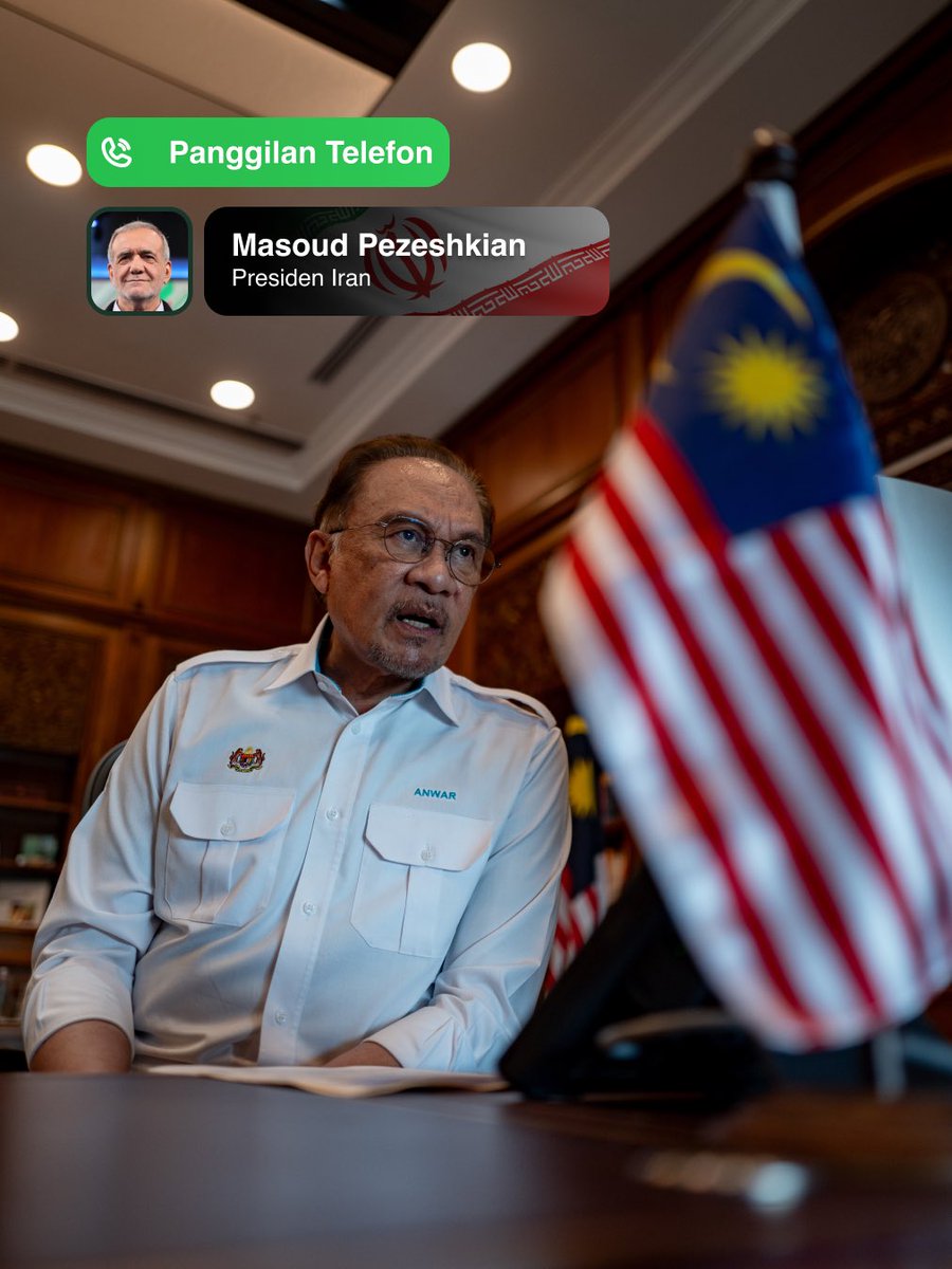 Saya baru selesai berhubung melalui telefon bersama Presiden Republik Islam Iran Masoud Pezeshkian berhubung perkembangan terkini konflik antara Iran dan rejim Zionis Israel. 

Presiden Masoud mengesahkan bahawa Iran bersedia menghentikan tindakan ketenteraan dan menyambut