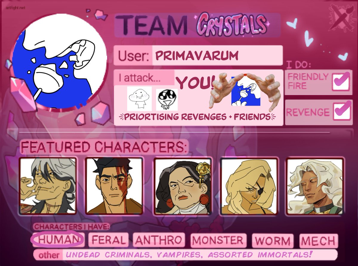 i'm joining art fight again this year! need to get my grind on and also fill out my bookmarks so feel free to fill out the hitlist linked on my profile!

artfight.net/~primavarum