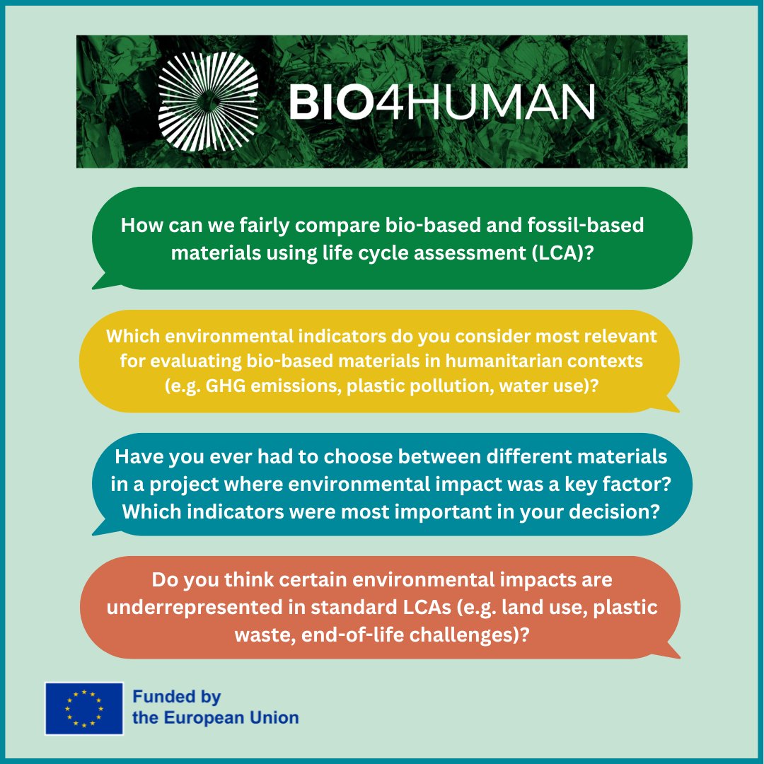 bio_4_human's tweet image. 🌱 How should we evaluate bio-based materials in humanitarian aid?
We're exploring LCA, key indicators (GHG, plastic waste, water use), and underrepresented impacts.
💬 What matters most to you when comparing materials?
Follow our discussion here: linkedin.com/posts/bio4huma…