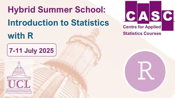 UCLchildhealth's tweet image. Hybrid Summer School: Introduction to Statistics with R📣   

7-11 July 2025    

Register for our incredibly popular Summer School. A five-day summer school teaching you fascinating new statistical skills. #stats #Statistics #rprogramming   
Book Here! ucl.ac.uk/child-health/e…