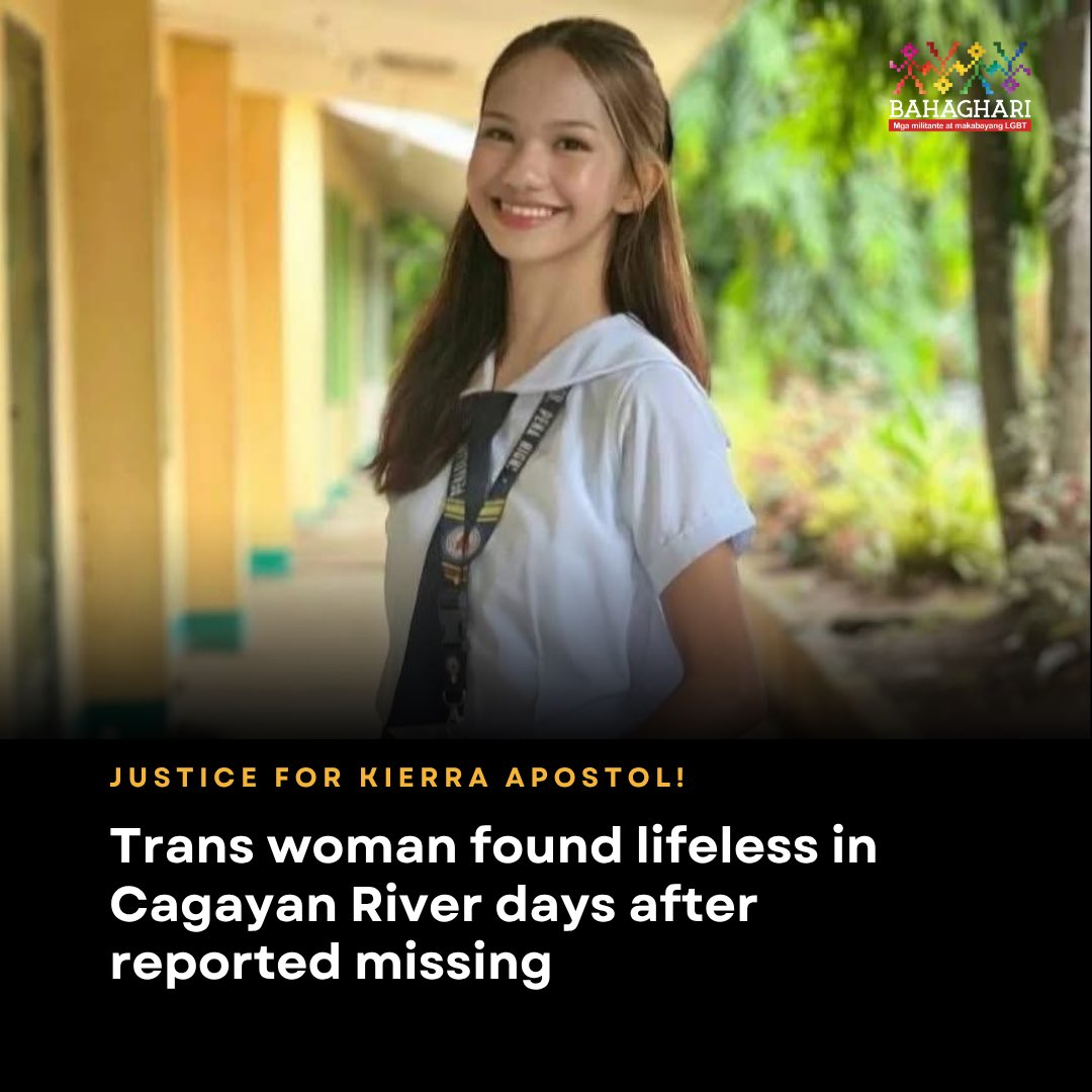 𝐒𝐓𝐎𝐏 𝐓𝐑𝐀𝐍𝐒 𝐊𝐈𝐋𝐋𝐈𝐍𝐆𝐒: Bahaghari calls for urgent investigation on death of Kierra Apostol

Our statement: ⬇️