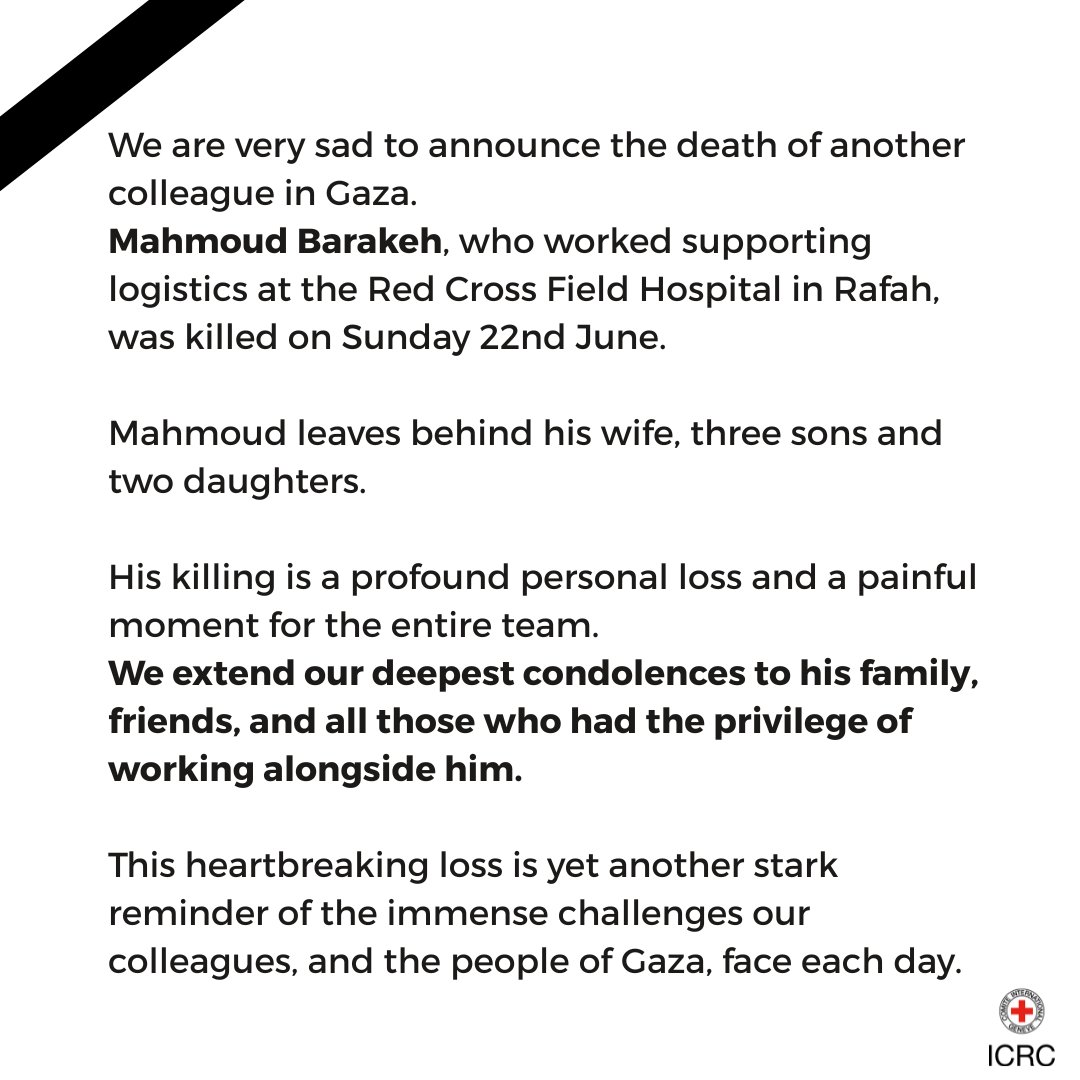 We’re devastated by the killing of our colleague Mahmoud Barakeh, who worked at the Red Cross Field Hospital. He was killed on his way home on Sunday 22 June.

Our hearts are with his family and loved ones.
Five colleagues have been killed in Gaza since October of 2023.