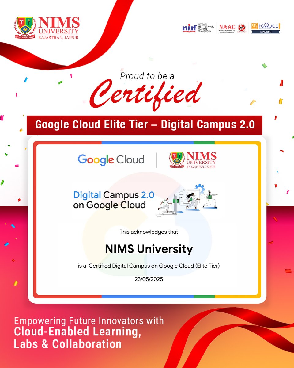 NIMS University is now the 1st in Rajasthan &amp; among only 8 in India to be Google Cloud Certified! ☁️

✅ Free Global Certifications
✅ Google Career Fairs
✅ Official Event Hosting
✅ Internships &amp; More
#WhyNIMS: Where Innovation Meets Opportunity
#GoogleCloudCertified