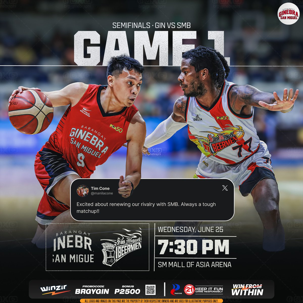 brgyginebraphl's tweet photo. SEMIS GAME 1 ๐ฅ
Barangay Ginebra vs San Miguel Beermen
๐๏ธ Tomorrow | ๐ข 7:30 PM
๐๏ธ SM Mall of Asia Arena
Letโs bring the heat, mga Kabarangay!
#NSD #BeatSMB https://t.co/gniceBDhgq