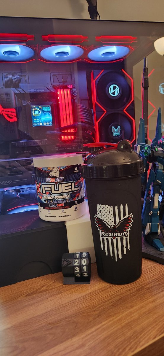 Audiacious's tweet photo. Sad day, my @RegimentGG #freedomfuel from @GFuelEnergy is empty. Still available in collector boxes but let's bring it to solo tubs. Also let's bring back the old school Regiment shakers. Love the new ones but like the old ones too(even better if old style in stainless lol) https://t.co/7gWw1GOHZL