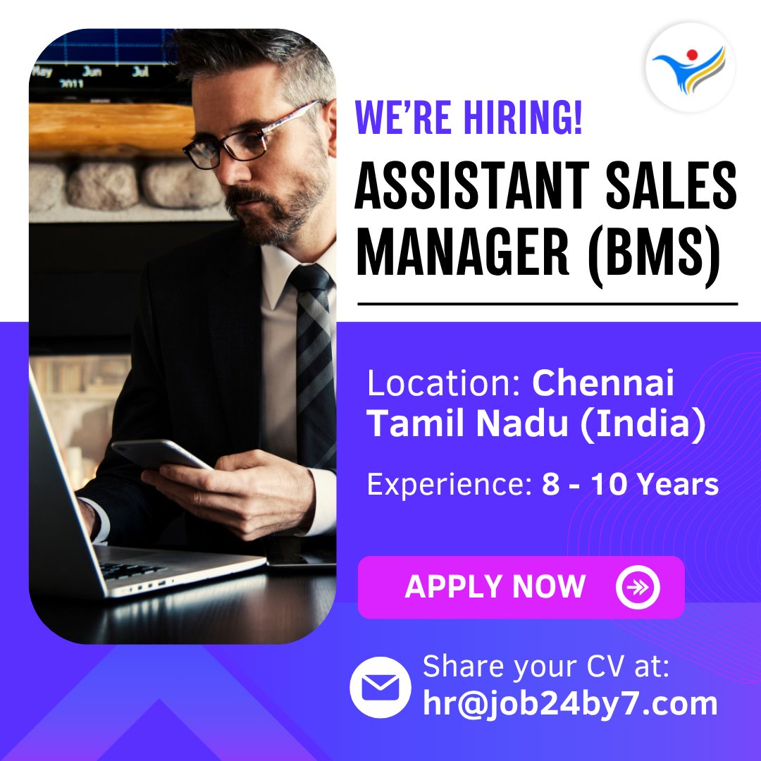 Job24by7_'s tweet photo. Apply Now: https://t.co/WiAMhSgwYN
Position: Asst. Sales Manager - BMS/HVAC
Location: Chennai
Experience: 8 - 10 Years

Be the tech - sales champion our clients rely on!

Share your CV at: hr@job24by7.com 

#Job24by7 #SalesLeadership #BMSIndustry #TechSales #HVACSolutions https://t.co/4zQhKqUHMO