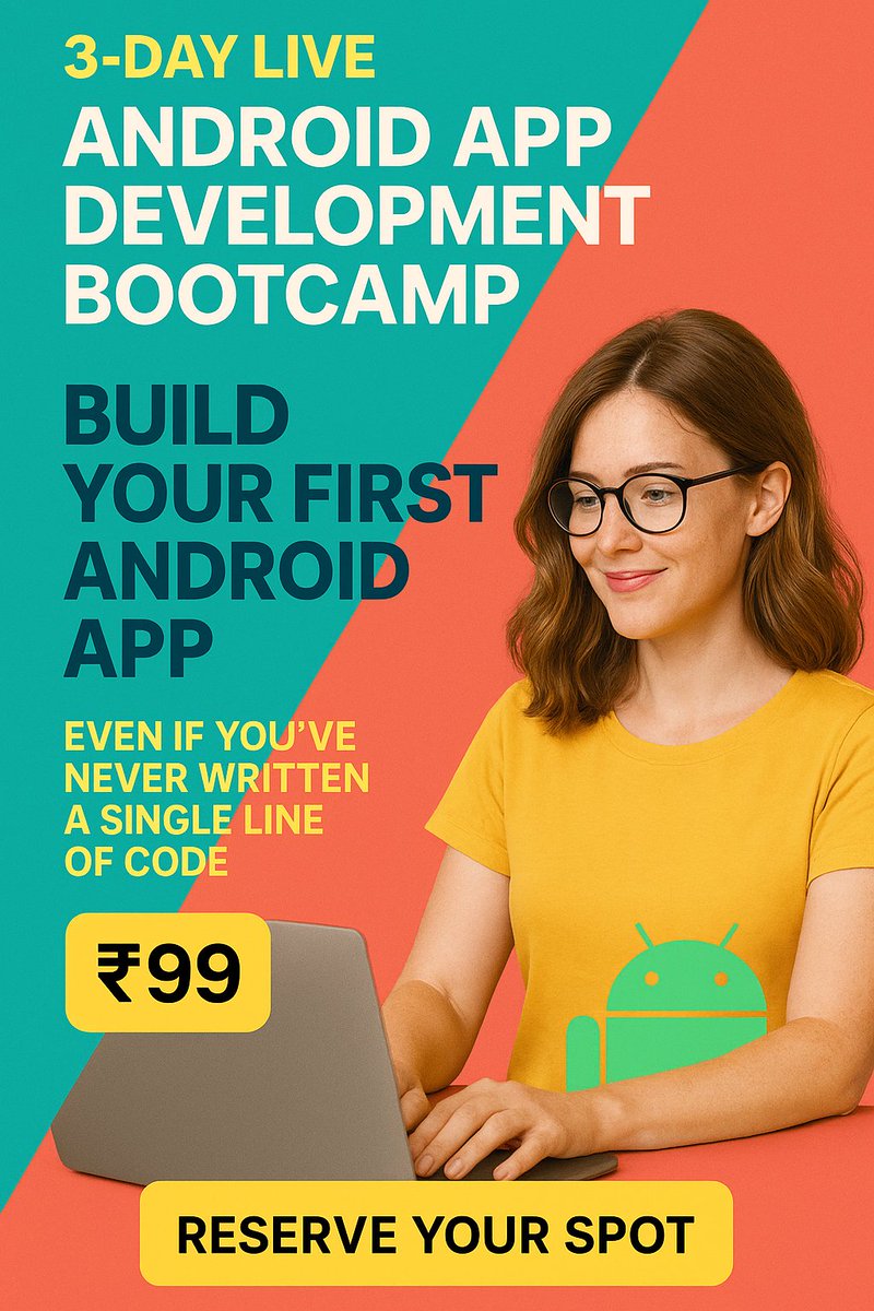 Ran_jiith's tweet image. 🚨 New 3-Day Bootcamp
Build Your First Android App — Even If You’ve Never Coded Before!
💥 Only ₹99.
🖥️ LIVE sessions
🔗 TechManifester.com
🎯 Limited seats. Starts soon. Book now!

#AndroidDevelopment #LearnToCode #AndroidBootcamp #AppDevMadeEasy #TechManifester
