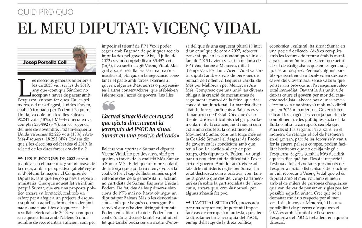 EsquerraMenorca's tweet image. No oblidem que el diputat de la coalició #SumarMés és de totes les forces polítiques que la van impulsar. Clarificador article del company @PortellaColl