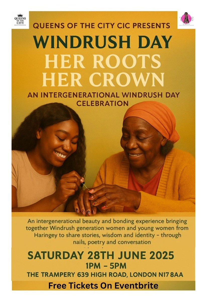 Free intergenerational event in celebration of Windrush Day, Saturday 28 June, 1pm to 5pm, The Trampery. The event focuses on bridging generations through shared stories, beauty and culture.
eventbrite.co.uk/e/her-roots-he…