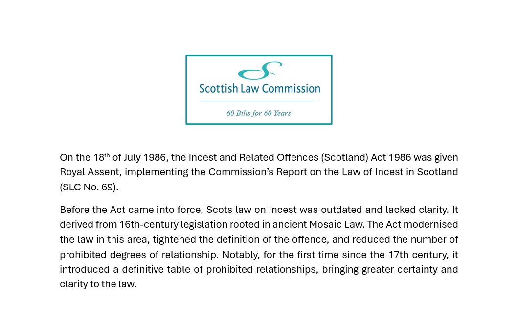 scotlawcom's tweet image. #60Billsfor60Years
Today we spotlight a bill that overhauled Scotland’s archaic incest laws, introducing a clearer and more modern framework.
Report: scotlawcom.gov.uk/files/9312/798…