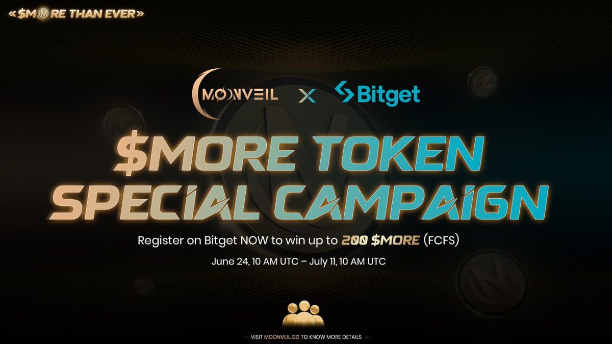 🌙 Moonveil x <a href="/bitgetglobal/">Bitget</a> $MORE Token Special Campaign Is Here!

🌙 Register Bitget NOW and claim your share of 1,800,000 $MORE!
🗓 June 24, 10 AM UTC – July 11, 10 AM UTC

🌙 How to Join:

1️⃣ Download Bitget App &amp; Register ONLY through this link (new users only)