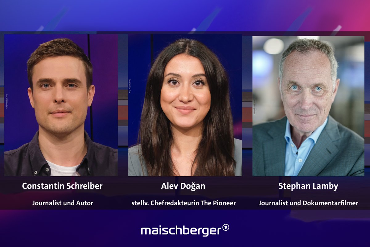 Maischberger (@maischberger) on Twitter photo Es kommentieren heute bei #maischberger der Journalist und Autor Constantin Schreiber (<a href="/ConstSchreiber/">Constantin Schreiber</a>), die stellvertretende Chefredakteurin von @ThePioneerDE Alev Doğan (<a href="/FrauAlevDogan/">Alev Doğan</a>) und der Dokumentarfilmer und Autor Stephan Lamby (<a href="/LambyStephan/">Stephan Lamby</a>).
📺 Um 22:50 Uhr im Ersten Es kommentieren heute bei #maischberger der Journalist und Autor Constantin Schreiber (<a href="/ConstSchreiber/">Constantin Schreiber</a>), die stellvertretende Chefredakteurin von @ThePioneerDE Alev Doğan (<a href="/FrauAlevDogan/">Alev Doğan</a>) und der Dokumentarfilmer und Autor Stephan Lamby (<a href="/LambyStephan/">Stephan Lamby</a>).
📺 Um 22:50 Uhr im Ersten