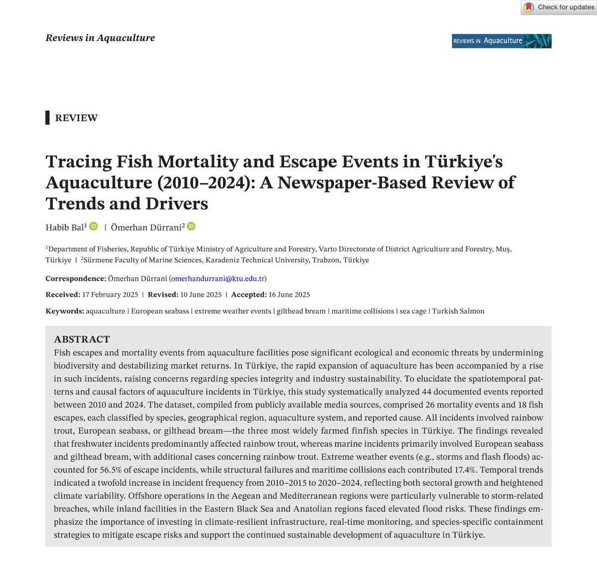 [My 6th paper in 2025 – Q1, IF 11.3]
Findings reveal a twofold rise in incidents, with extreme #weather as the leading cause — underscoring the urgent need for #climate-resilient infrastructure in #aquaculture. 
Link: doi.org/10.1111/raq.70…