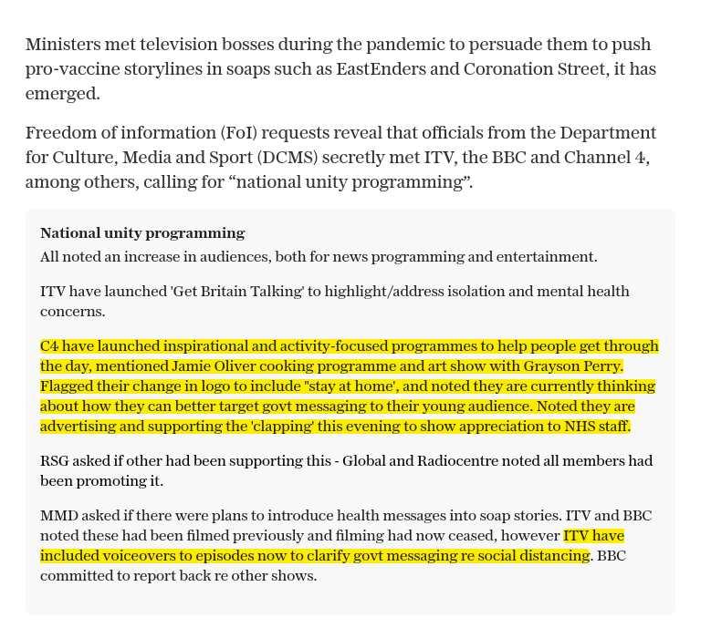 Die nächste Verschwörungstheorie darf nun als gesicherte Praxis eingestuft werden: "Minister trafen sich während der Pandemie mit Fernsehchefs, um sie davon zu überzeugen, in Seifenopern Pro-Impfstoff-Handlungsstränge zu fördern." Stark redigierte Dokumente zeigen, dass bereits