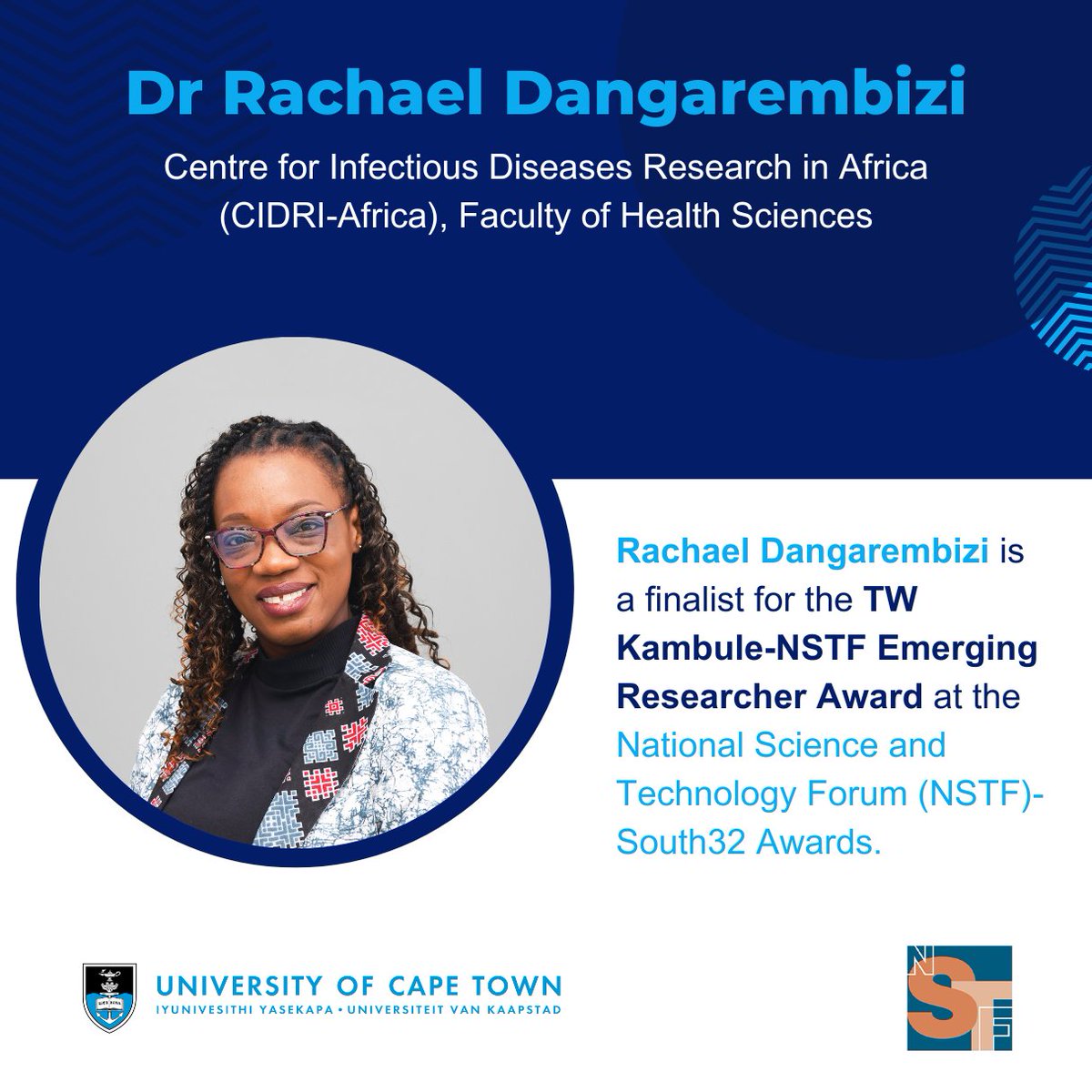 UCT_Research's tweet image. Congratulations to @UCTHealthSci researchers who are finalists in the 2024/2025 @NSTF_SA awards: 

· Dr Rachael Dangarembizi - TW Kambule-NSTF Emerging Researcher Award
· A/Prof Aneesa Vanker - NSTF-SAMRC Clinician Scientist Award
#UCTExcellence