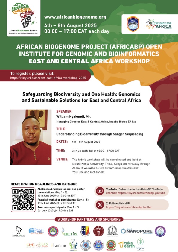 EA-Regional Workshop (@eaafricabp) on Twitter photo William Nyakundi from <a href="/inqababiotec/">inqaba biotec</a> will be one of our speakers at the E.A <a href="/DAISEA_AfricaBP/">African BioGenome Project</a> conference at <a href="/MountKenyaUni/">MountKenyaUniversity</a>. We are also delighted to have <a href="/inqababiotec/">inqaba biotec</a> as one of the practical organizers.
Register via; lnkd.in/eh5xNwug
<a href="/AnneMuigai_Prof/">Prof Anne Muigai</a> William Nyakundi from <a href="/inqababiotec/">inqaba biotec</a> will be one of our speakers at the E.A <a href="/DAISEA_AfricaBP/">African BioGenome Project</a> conference at <a href="/MountKenyaUni/">MountKenyaUniversity</a>. We are also delighted to have <a href="/inqababiotec/">inqaba biotec</a> as one of the practical organizers.
Register via; lnkd.in/eh5xNwug
<a href="/AnneMuigai_Prof/">Prof Anne Muigai</a>