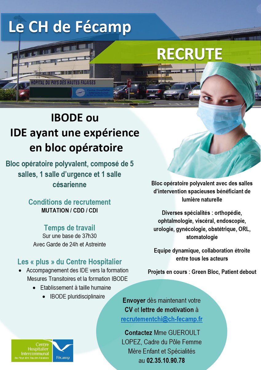 🟡 Le CH de Fécamp recrute :

👉 IBODE ou IDE ayant une expérience en bloc opératoire

👉 IDE pour son service d'Hospitalisation A Domicile 

 📧 Vous pouvez également transmettre directement votre CV et Lettre de motivation à l'adresse suivante : recrutementchi@ch-fecamp.fr