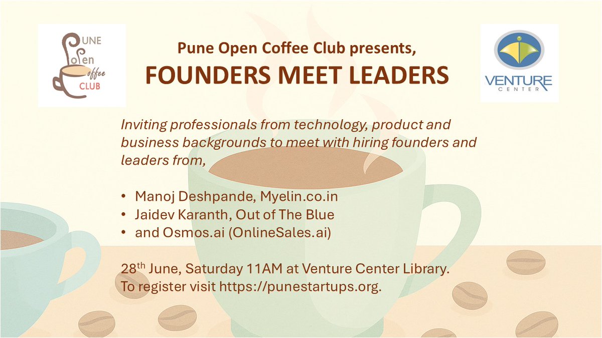 PuneStartups.org (@punestartups) on Twitter photo Founders meet Leaders on 28th:
A great opportunity to #network with founders from #Pune #startups Out of the Blue, Myelin, and OnlineSales.ai <a href="/venture_center/">VentureCenter</a>.
docs.google.com/forms/d/1TGhVb⦠Founders meet Leaders on 28th:
A great opportunity to #network with founders from #Pune #startups Out of the Blue, Myelin, and OnlineSales.ai <a href="/venture_center/">VentureCenter</a>.
docs.google.com/forms/d/1TGhVbā¦