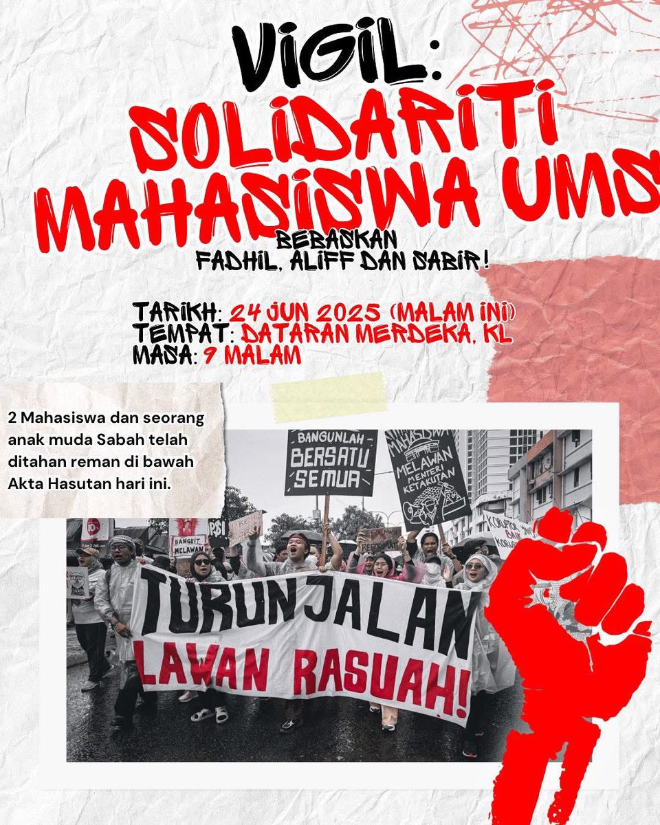 BorneoKomrad's tweet photo. Edaran Segera: Panggilan Vigil dan Sidang Media

2 Mahasiswa dan seorang aktivis Sabah telah ditahan reman di bawah Akta Hasutan hari ini.

Mohon solidariti kawan-kawan untuk bersama dalam vigil kita malam ini di Dataran Merdeka, KL jam 9 malam.

Bebas #Sabah3 ✊🏼✊🏼✊🏼 https://t.co/cRykx4TvPi