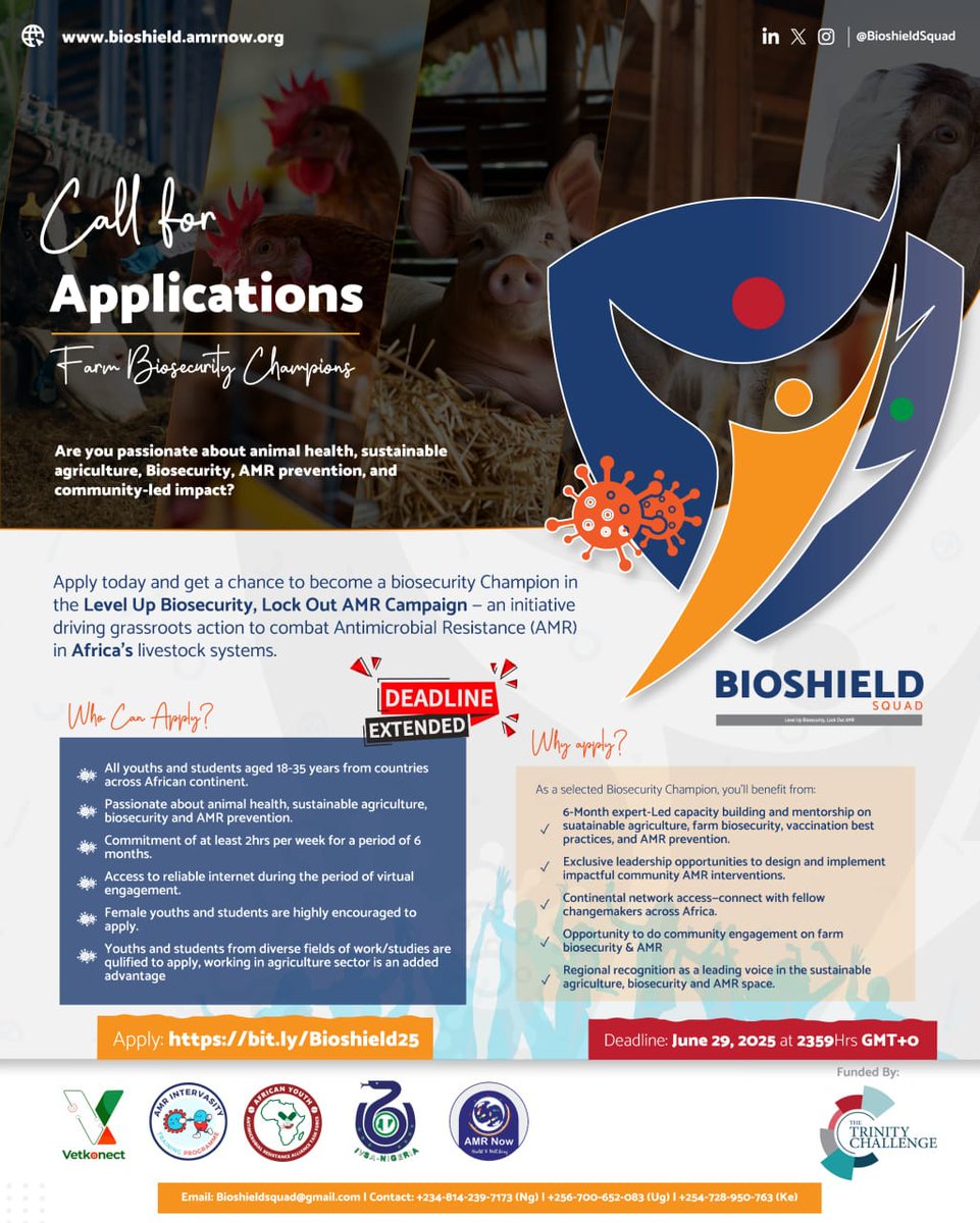 🚨 Deadline Extended!!!
Call for Biosecurity Champions – You Still Have Time to Apply!

We're excited to announce that the Call for Applications for Biosecurity Champions has been extended!

🗓New Deadline: June 29, 2025 at 2359hrs GMT+0

🔗 Apply Now: docs.google.com/forms/d/e/1FAI…