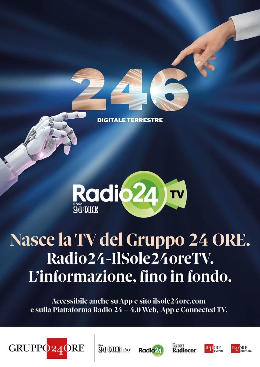 Comunicare Digitale (@comunicaredigit) on Twitter photo La Tv di <a href="/Radio24_news/">Radio 24</a> è partita sul 246 del digitale terrestre.
<a href="/An_Bion/">Andrea Biondi</a> <a href="/sbarisoni/">Sebastiano Barisoni</a> <a href="/e_pagliarini/">Enrico Pagliarini</a> <a href="/giucruciani/">giuseppe cruciani</a>
<a href="/ConfindustriaTv/">ConfindustriaRadioTV</a> <a href="/tivusat_tv/">Tivùsat</a> <a href="/24ORERadiocor/">Il Sole 24 ORE Radiocor</a> La Tv di <a href="/Radio24_news/">Radio 24</a> è partita sul 246 del digitale terrestre.
<a href="/An_Bion/">Andrea Biondi</a> <a href="/sbarisoni/">Sebastiano Barisoni</a> <a href="/e_pagliarini/">Enrico Pagliarini</a> <a href="/giucruciani/">giuseppe cruciani</a>
<a href="/ConfindustriaTv/">ConfindustriaRadioTV</a> <a href="/tivusat_tv/">Tivùsat</a> <a href="/24ORERadiocor/">Il Sole 24 ORE Radiocor</a>