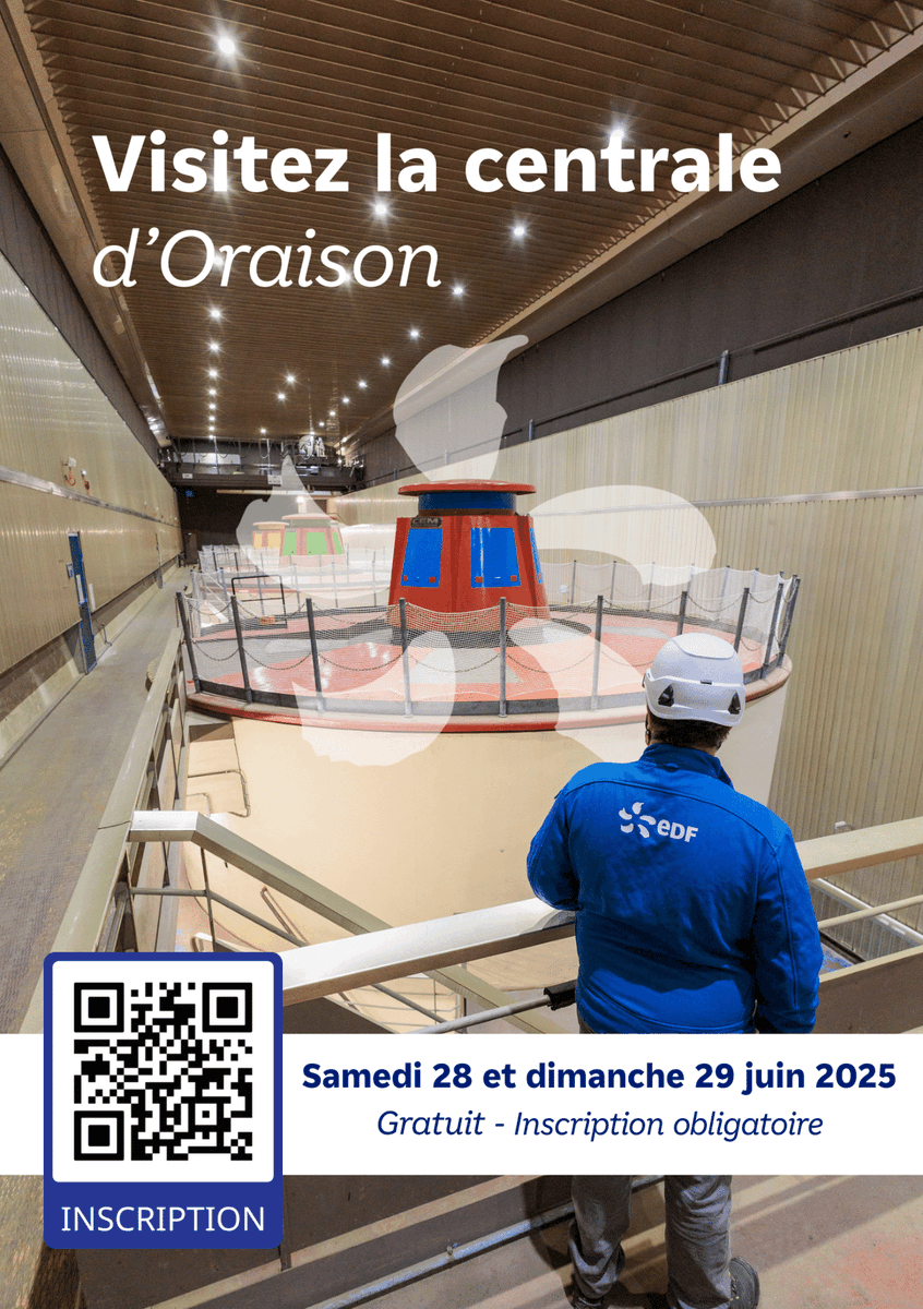 EDF_Hydro's tweet image. Prenez vos billets pour visiter gratuitement la centrale d'Oraison, les 28 et 29 juin !
A l'occasion des Journées du patrimoine, nos salariés @EDFofficiel vous font découvrir les coulisses de l'hydroélectricité, dans l'une des centrales les plus puissantes de la Durance-Verdon…